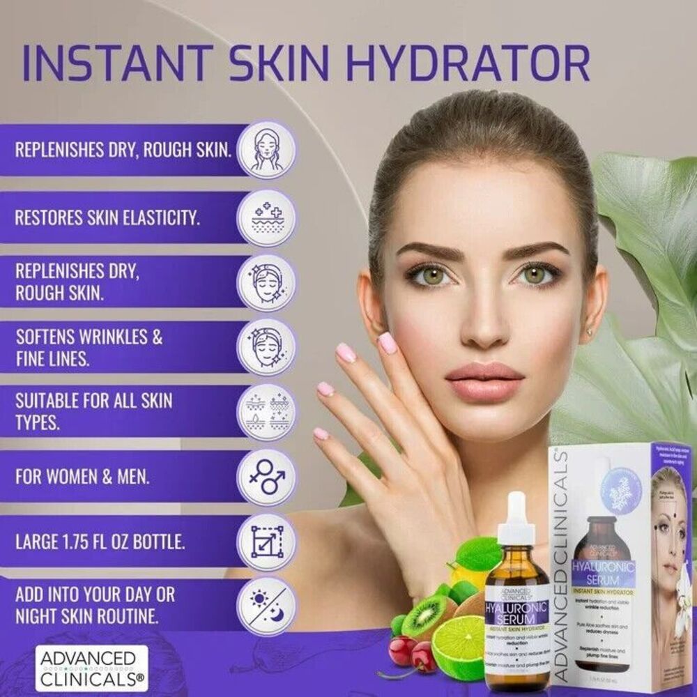 Advanced Clinicals Hyaluronic Acid Face Serum Rare Marine Extracts 1.75 Fl Oz - Picture 8 of 9